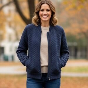 Brooks Brothers 346 Quilted Knit Bomber Jacket Women Large Navy Blue Long Sleeve